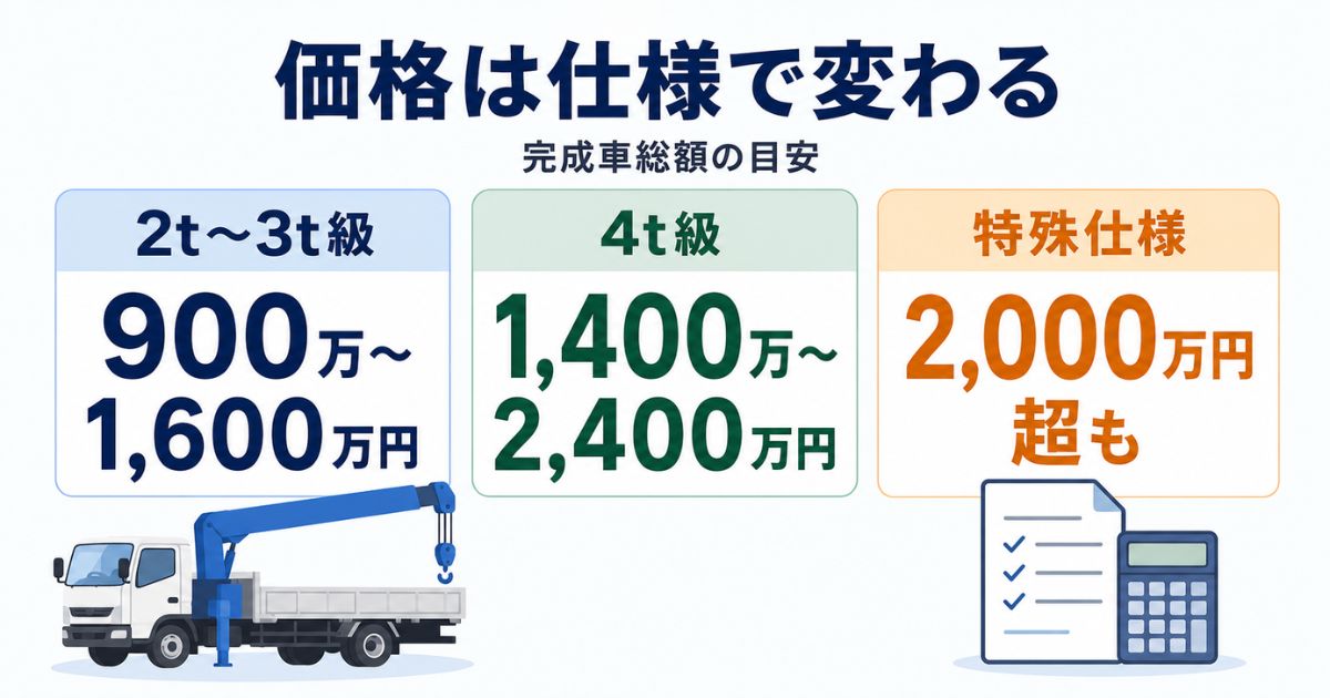 古河ユニック新車の2tから3t級と4t級の価格目安を大きな数値で比較した図解