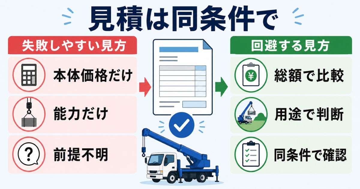 見積を本体価格だけで判断せず同条件で比較するためのチェック図解