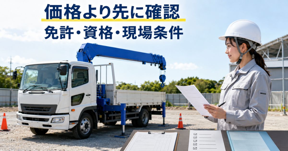 クレーン付きトラック導入前に価格だけでなく免許・資格・現場条件を確認する写真風画像