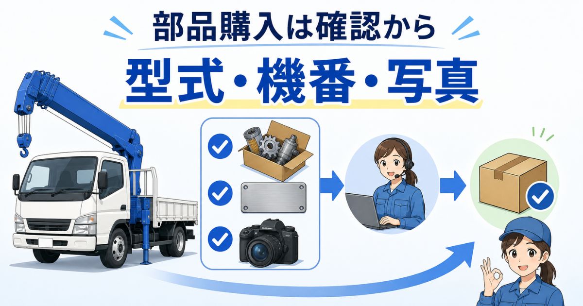古河ユニックの部品購入前に型式・機番・写真を確認してから照会する流れを示すアイキャッチ