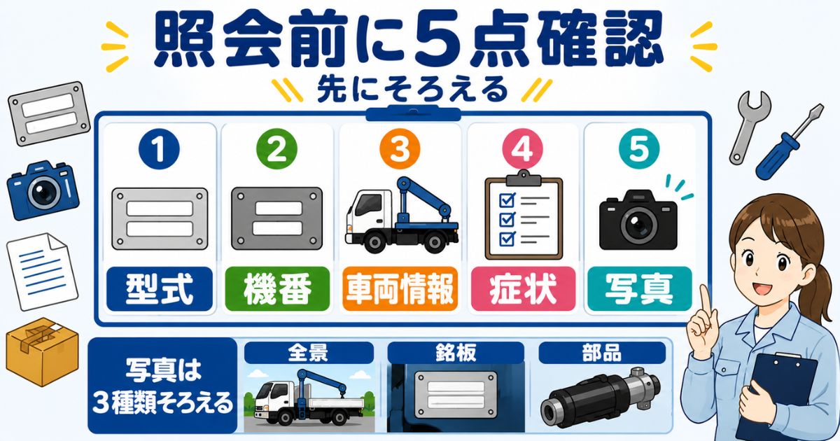 古河ユニックの部品照会前に型式・機番・車両情報・症状・写真の5点を確認する図解