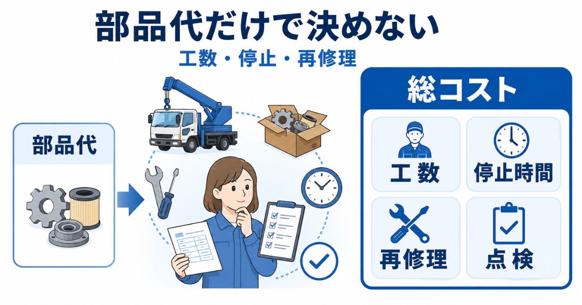 中古の古河ユニックで銘板・整備記録・現物状態を確認している写真風イメージ