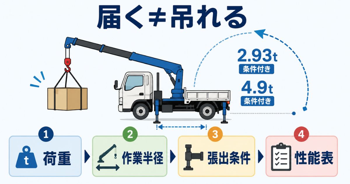 古河ユニックの性能表でつり上げ荷重だけでなく作業半径とアウトリガー条件を確認する流れを示した図解