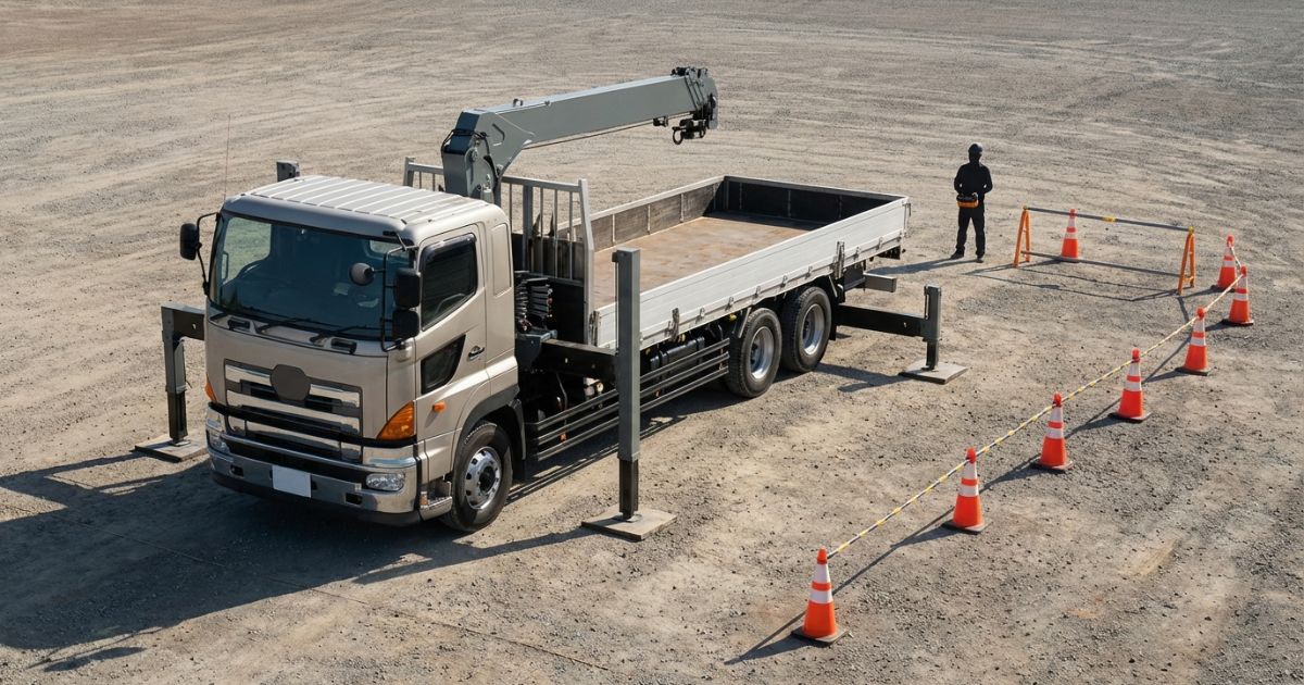 古河ユニックのラジコン電源を入れる前に車両側の状態を確認している作業現場のイメージ