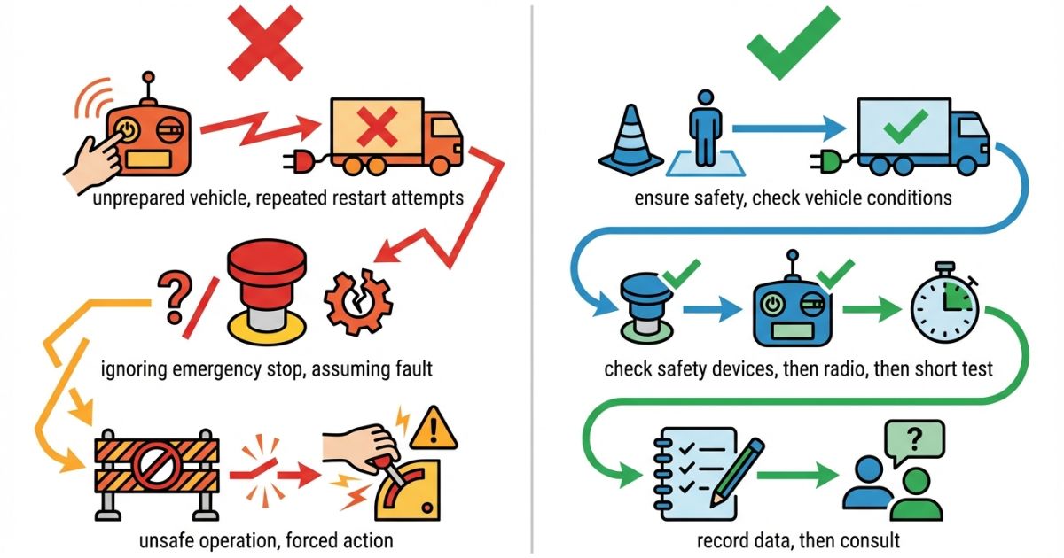 古河ユニックのラジコンが起動しない時のNG対応と安全な確認順を対比した図解