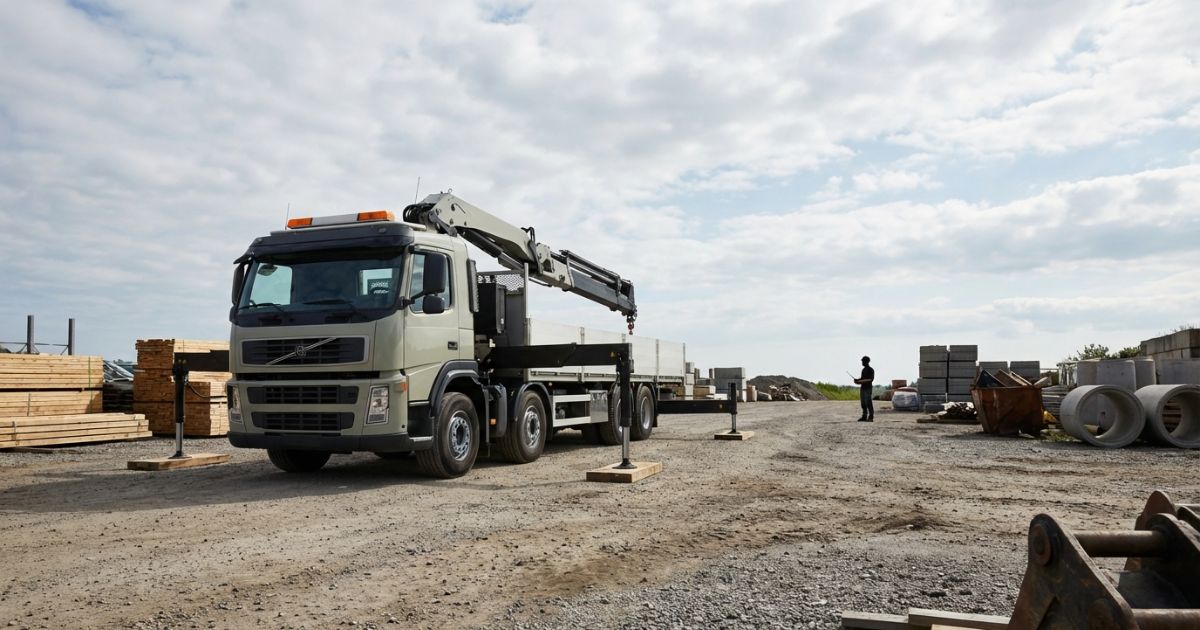 古河ユニックのラジコン設定前に安全確認している作業現場のイメージ