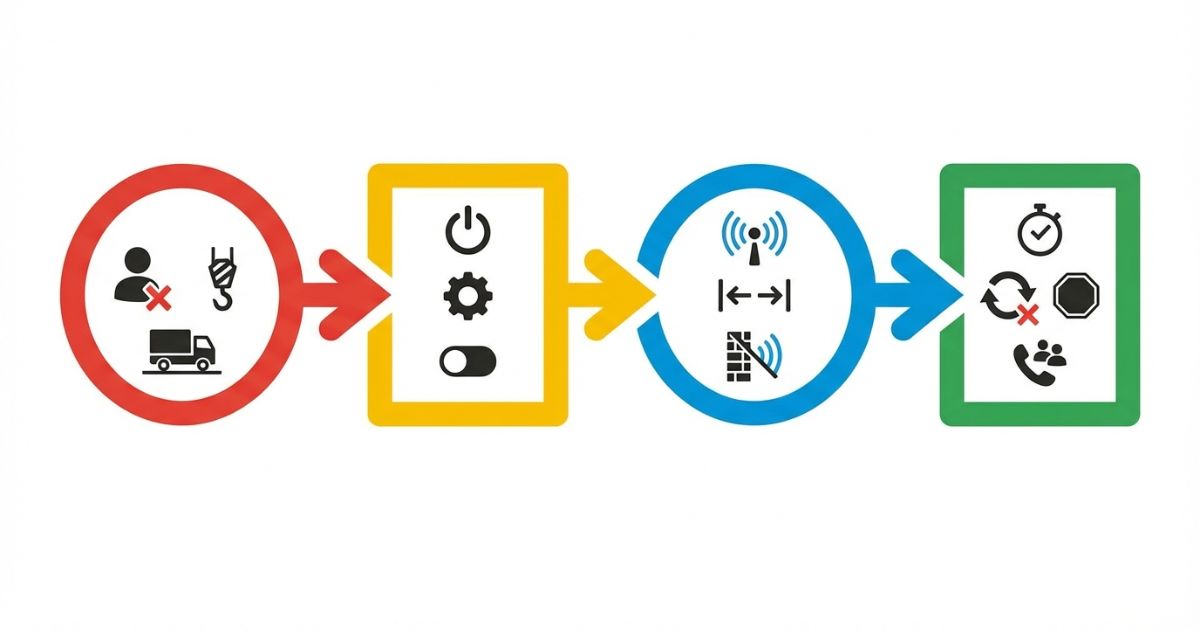 古河ユニックのラジコン設定を安全→基本→通信→作業可否の順で確認する流れ図
