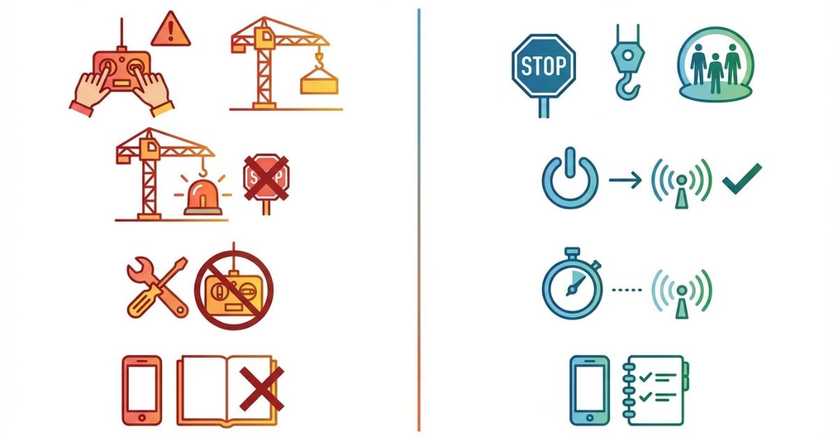 古河ユニックのラジコン設定でやってはいけない対応と安全な対応を対比した図解