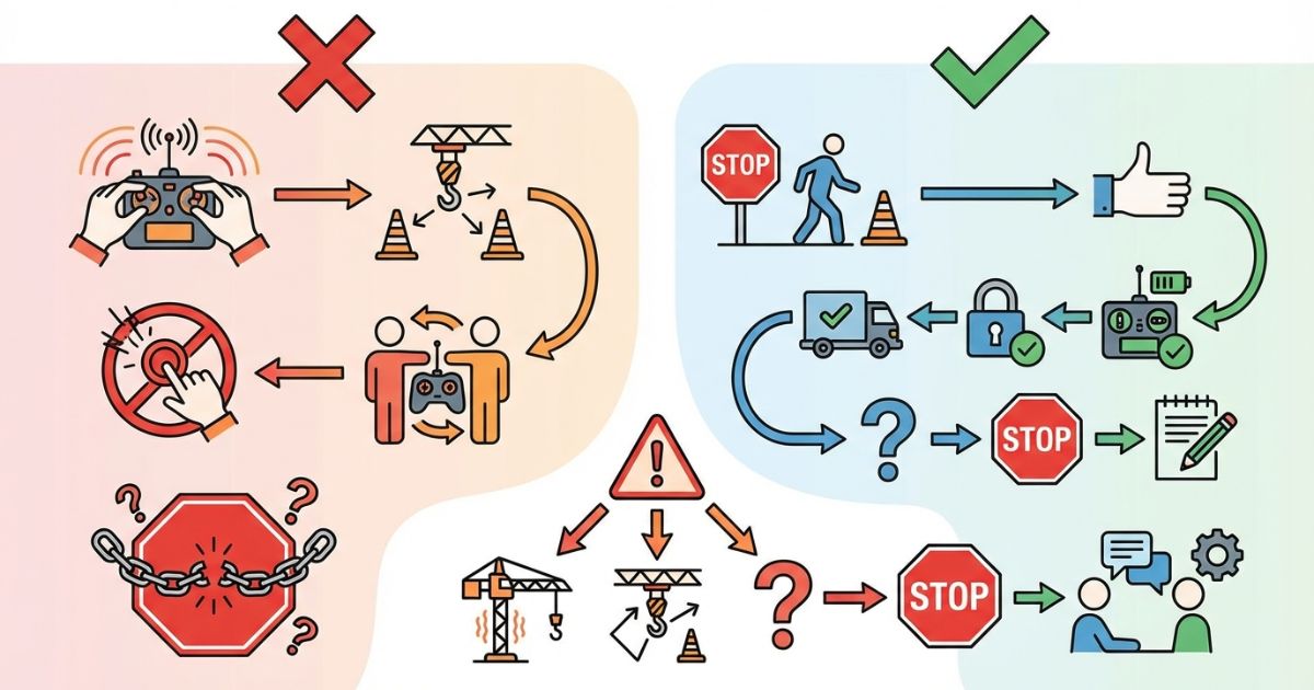 古河ユニックのラジコン周波数設定でのNG行動と中止ラインを対比したリスク図解