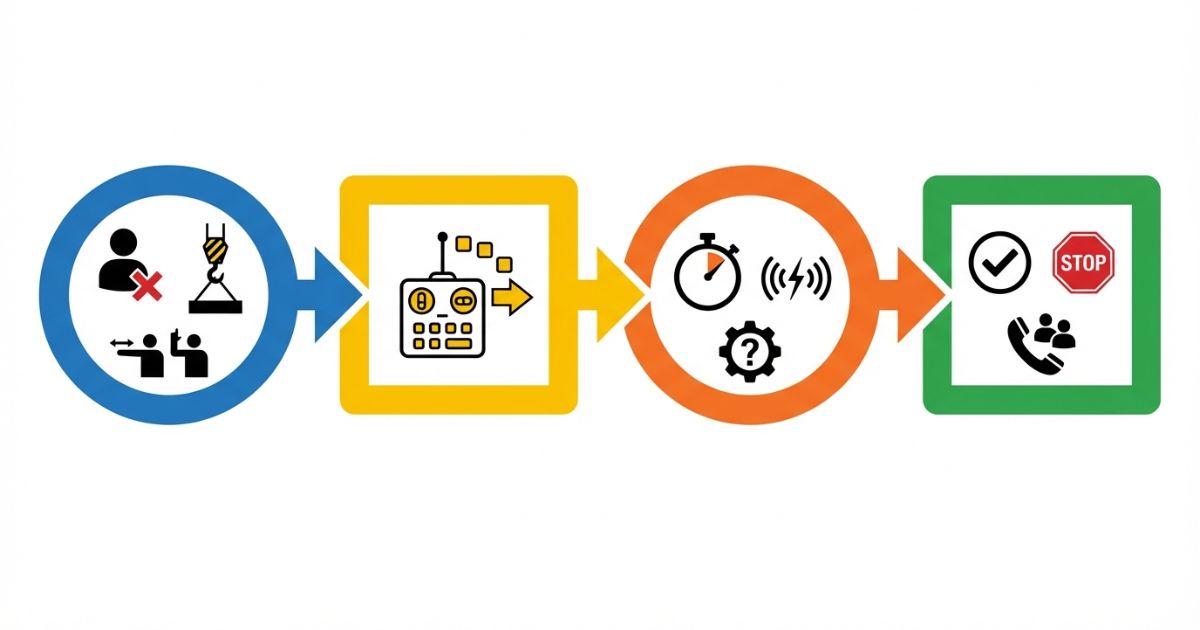 古河ユニックのラジコン操作を安全→基本操作→挙動確認→作業可否で判断する流れ図