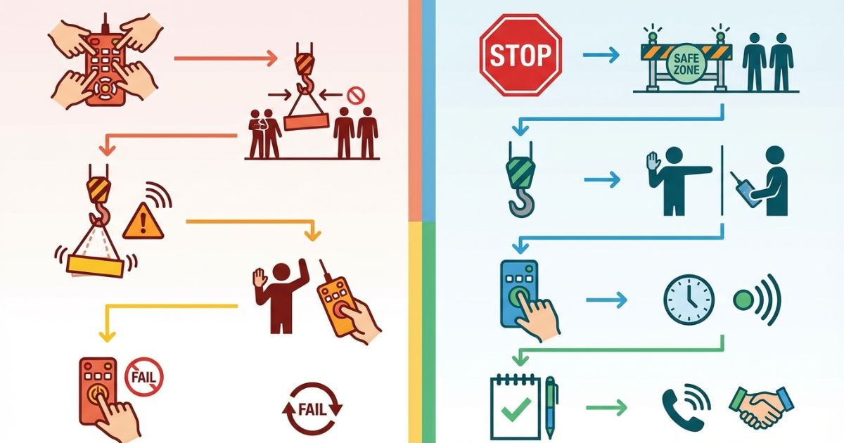 古河ユニックのラジコン操作で起こりやすい失敗と安全な対応を対比した図解