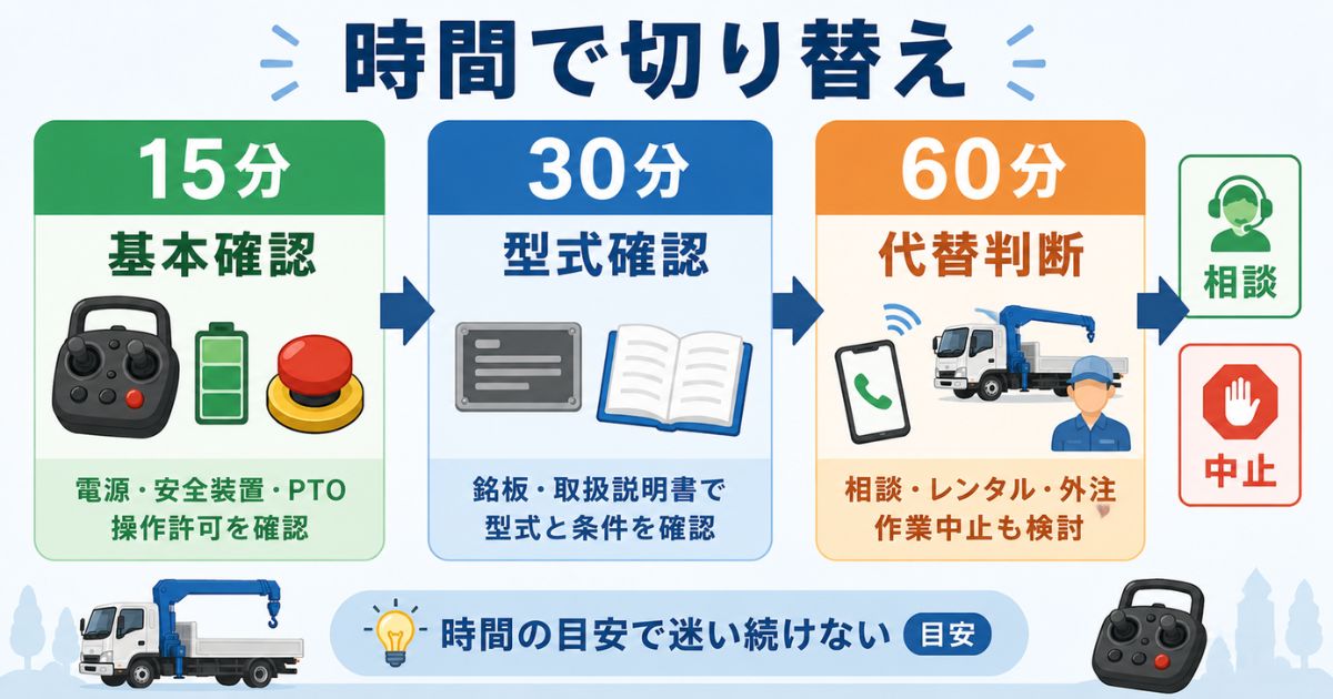 古河ユニックのラジコン不調時に15分30分60分で確認から相談へ切り替える時間判断図解