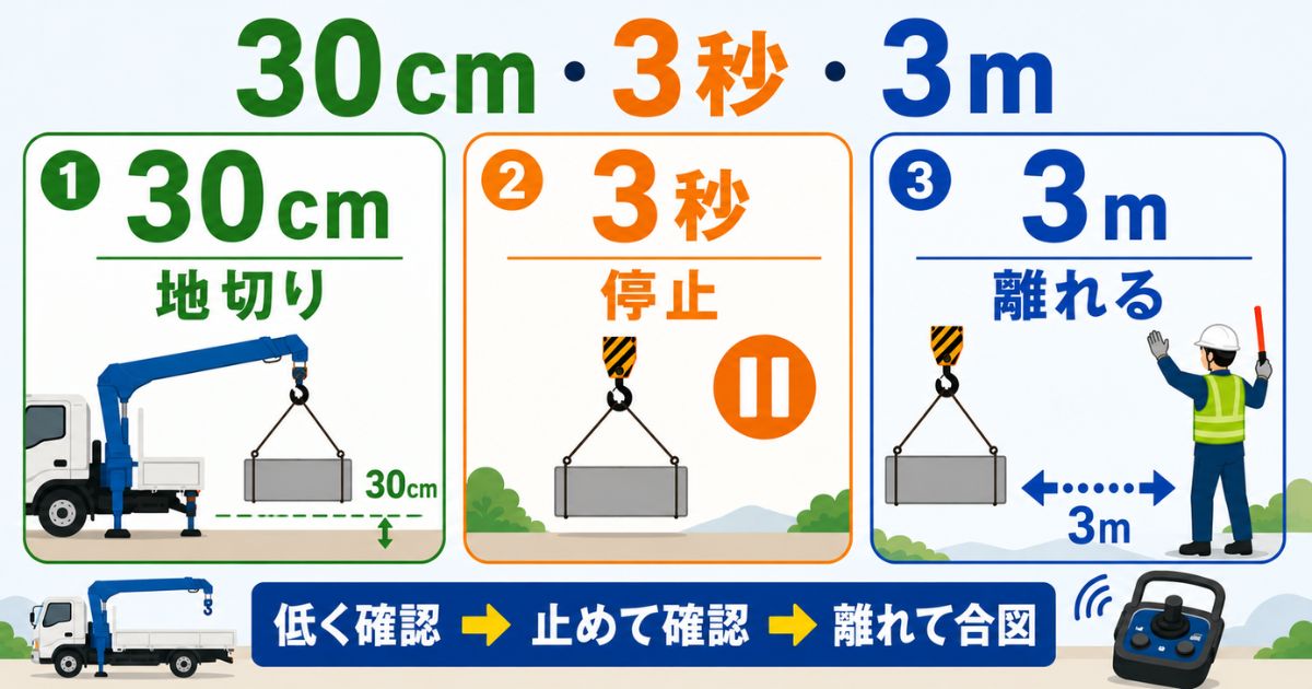 古河ユニックの吊り作業時に30cm地切り・3秒停止・3m離れる安全確認を示す図解