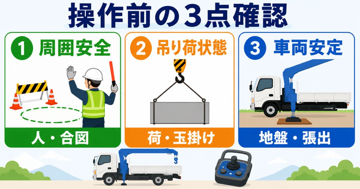 古河ユニックのラジコン操作前に周囲安全・吊り荷状態・車両安定を確認する3点チェック図