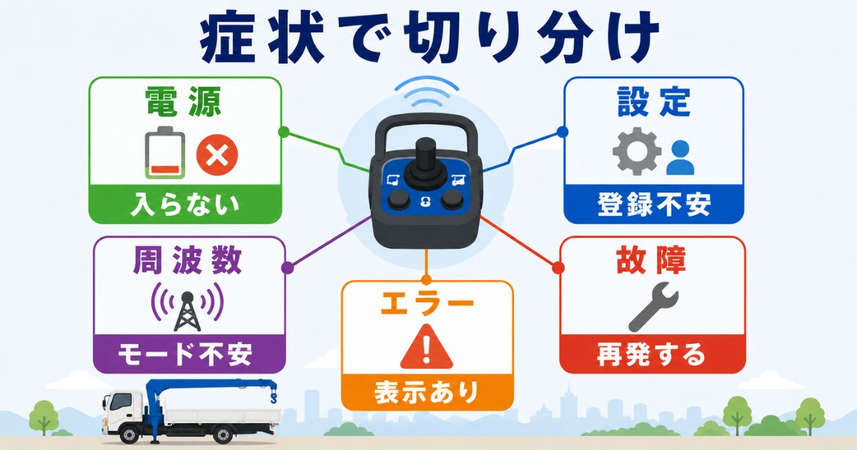 古河ユニックのラジコン操作で電源・設定・周波数・エラー・故障を症状別に切り分ける図解