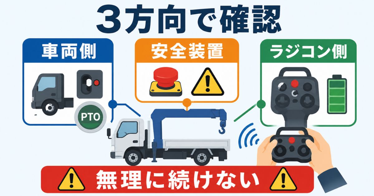 古河ユニックのラジコン電源が入らない時に車両側・安全装置・ラジコン側を確認する図解