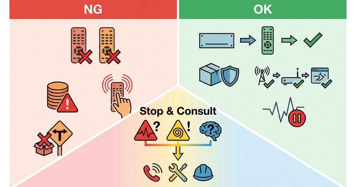 古河ユニックのリモコン誤購入や設定不可を避けるためのNG例と中止ラインの図解