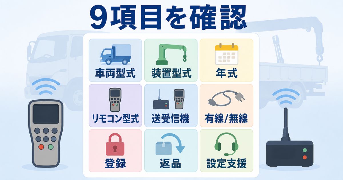 古河ユニックのリモコン購入前に車両型式や設定支援など9項目を確認する図解