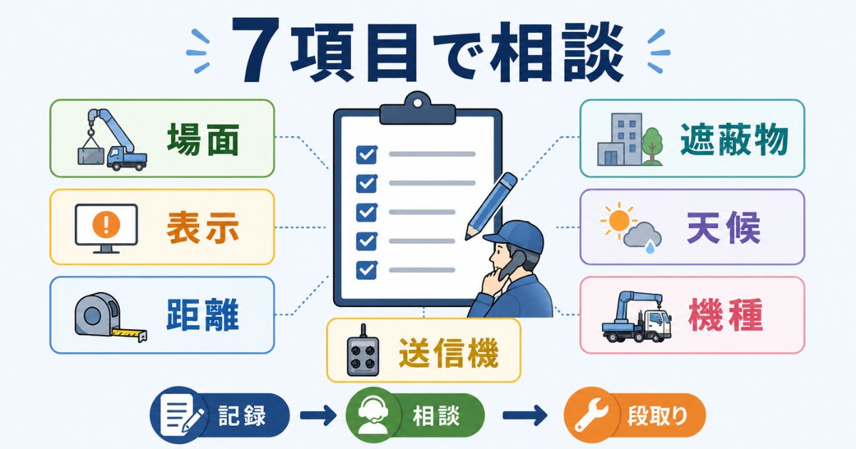古河ユニックのラジコン不調を整備業者へ相談するときに伝える7項目を整理した図解