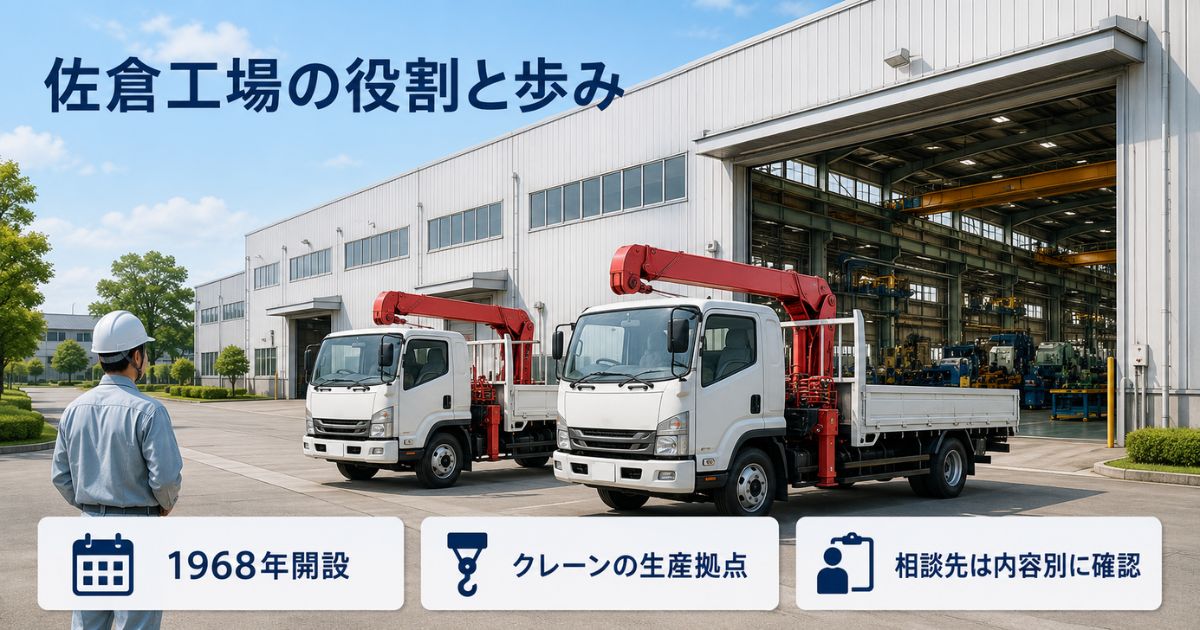 1968年開設のクレーン生産拠点と佐倉工場の役割を示す工場外観