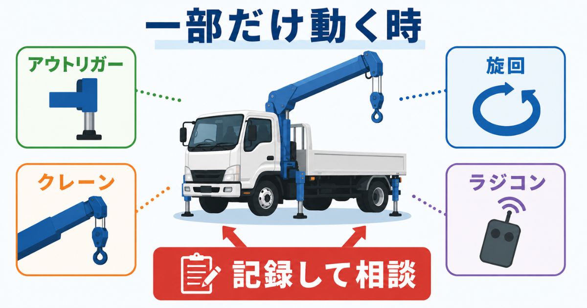 古河ユニックでアウトリガーやクレーンなど一部だけ動かない症状を分けて記録する図解