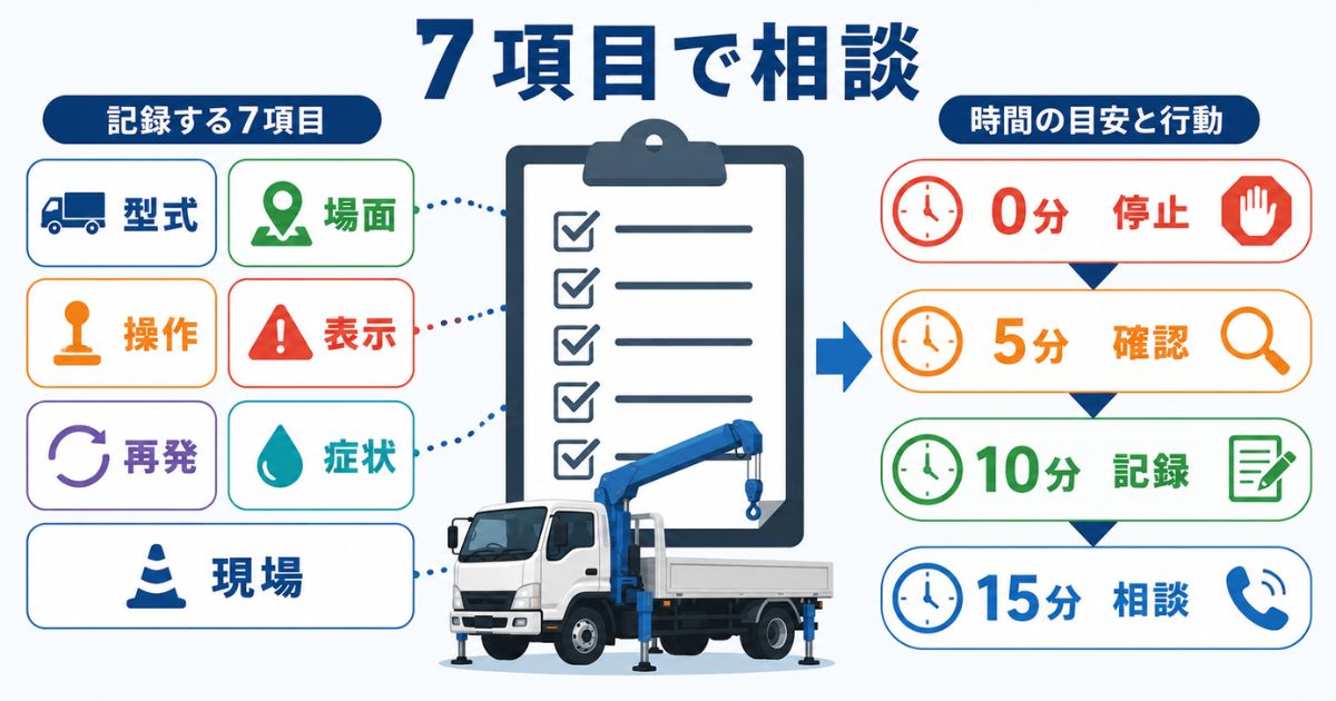 古河ユニックの修理依頼前に型式や発生場面など7項目を記録して相談する流れを示した図解