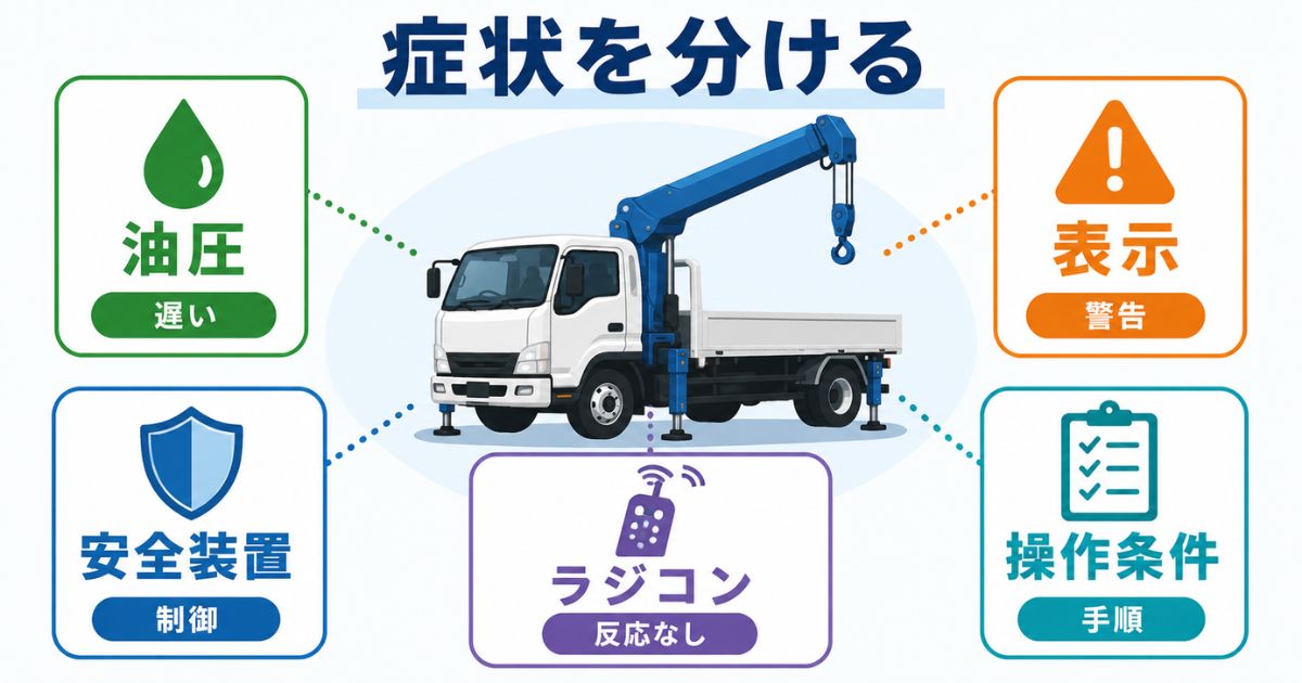 古河ユニック故障時の症状を油圧、表示、安全装置、ラジコン、操作条件に分けて確認する図解