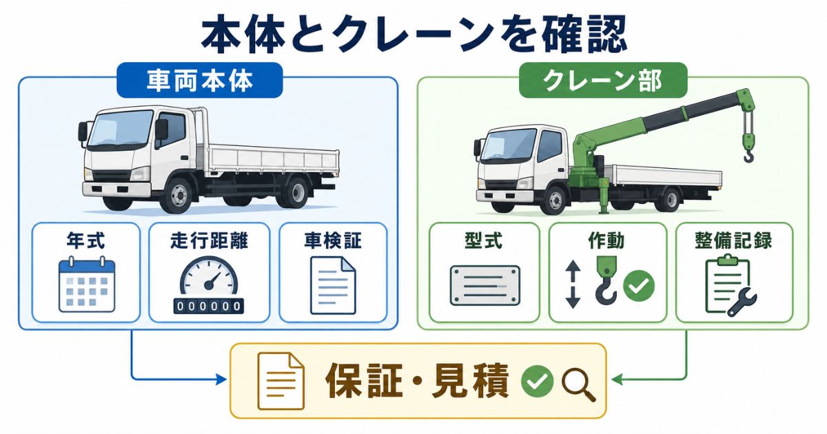 古河ユニック中古購入前に車両本体とクレーン部を分けて確認するチェック図