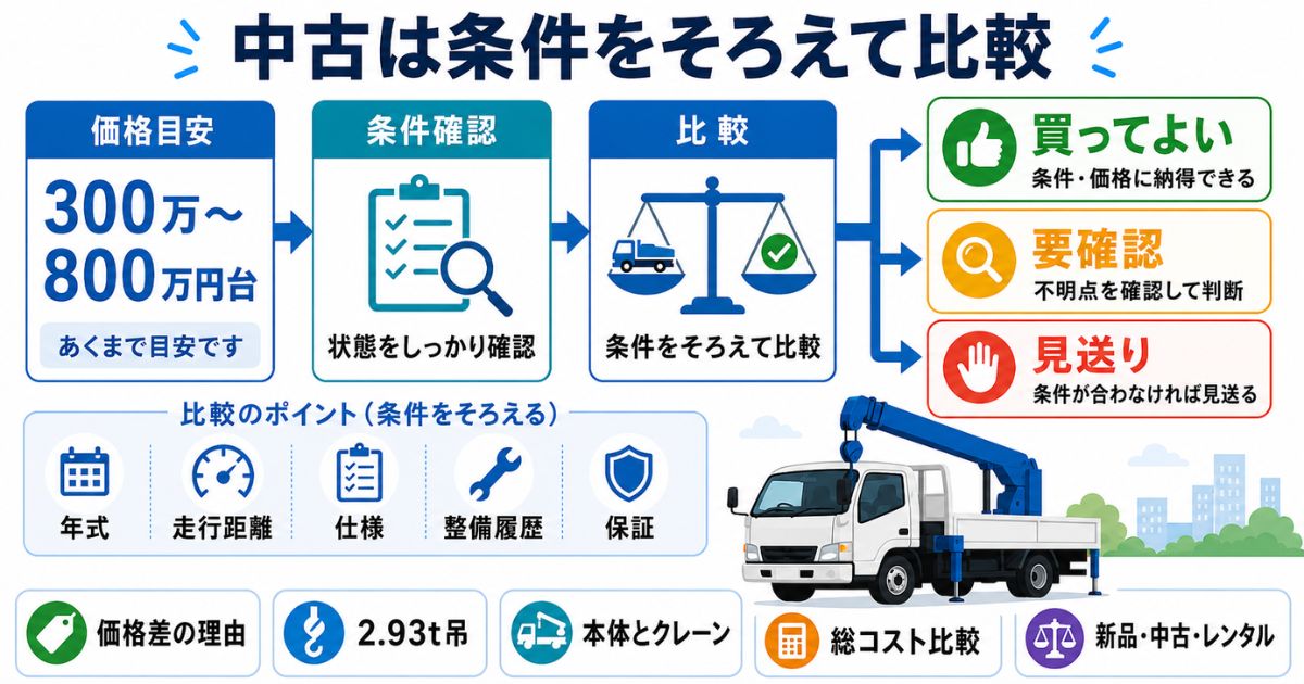 古河ユニック中古を価格だけで判断せず条件と用途で比較する流れを示す図解