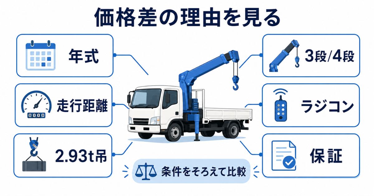 古河ユニック中古の価格差が出る年式・走行距離・クレーン仕様・保証を整理した図解