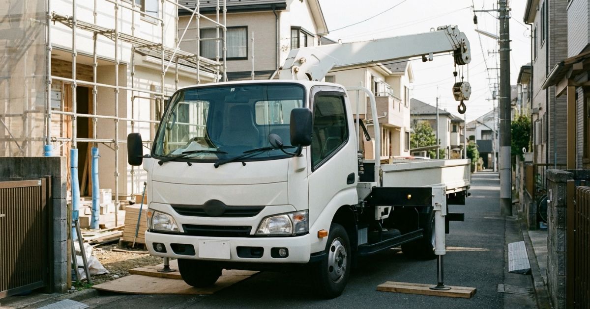 ふそうベース想定の小型トラッククレーンが小〜中規模現場で作業するイメージ
