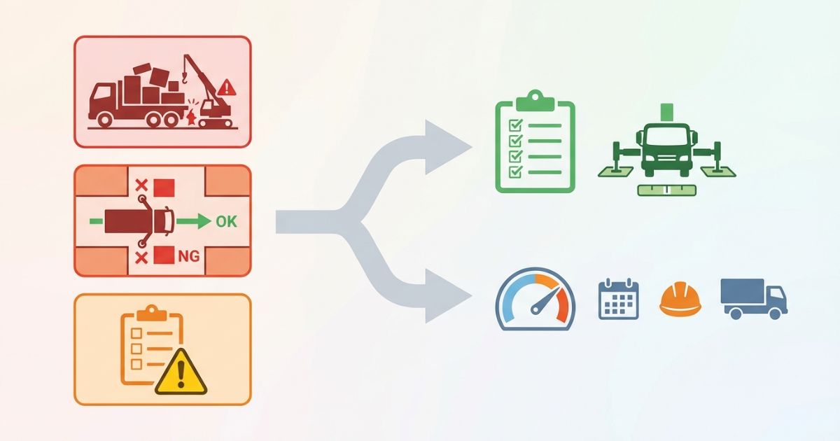  積載破綻や設置不可などの失敗例と回避分岐を示す文字なし図解