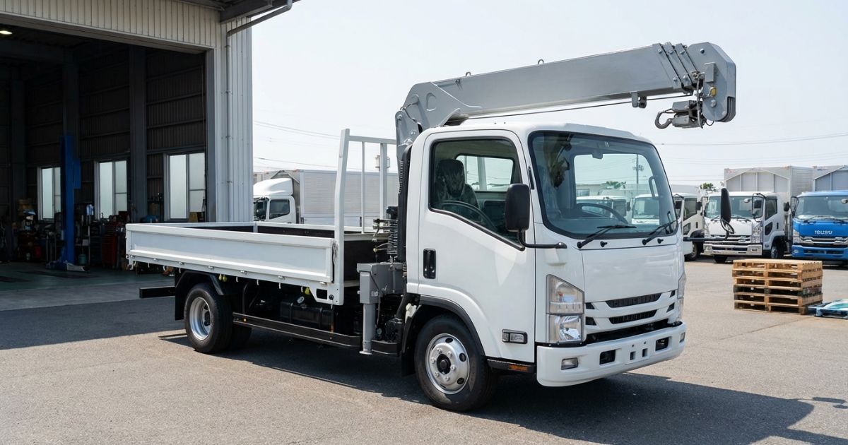 日野4tクラス相当の新車ユニック車を販売店ヤードで確認するイメージ写真