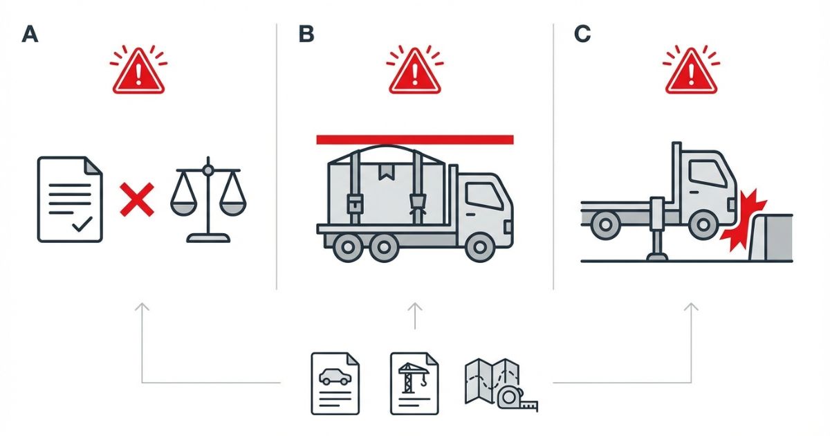  免許総重量の不一致や積載想定ズレ設置不足など失敗パターンの図解
