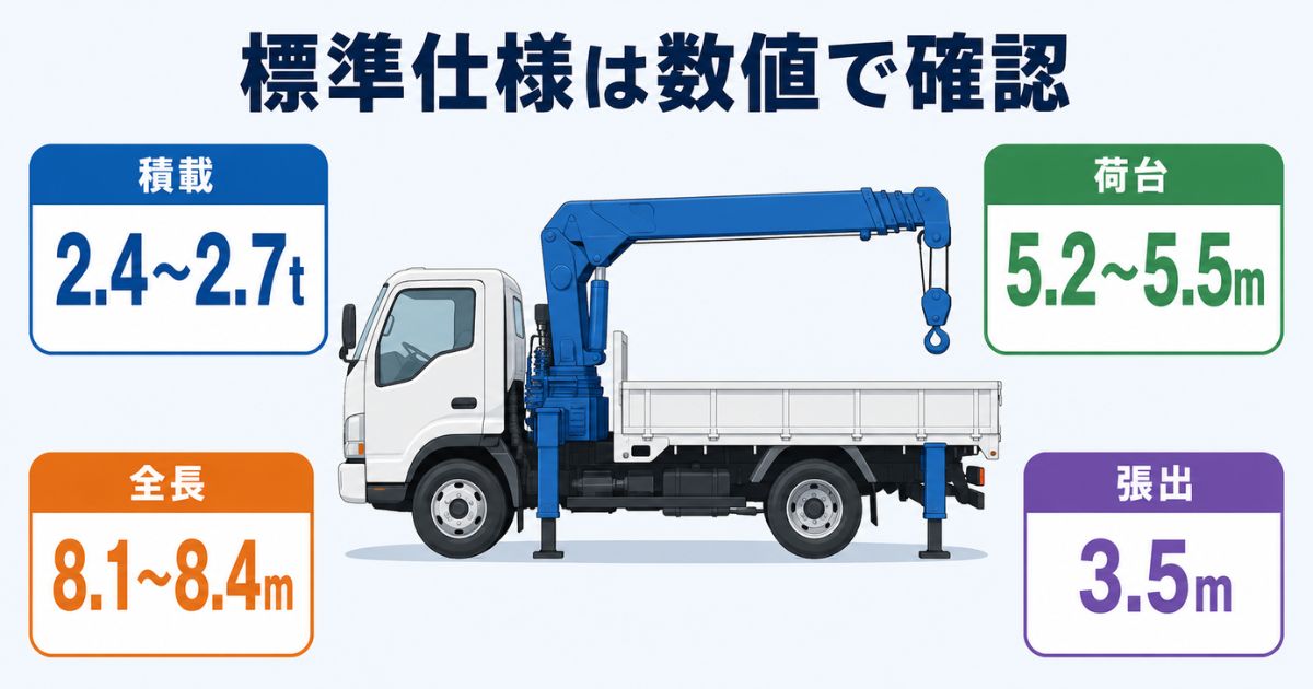 日野4tユニックの最大積載量や荷台長やアウトリガー幅の標準仕様目安を示す図解