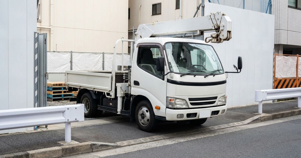 2tから3tクラスの小型ユニック車が狭い搬入路へ進入するイメージ写真