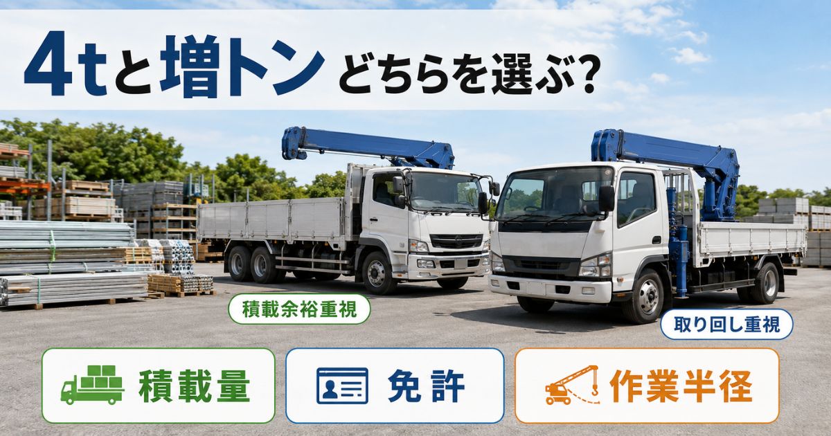 4tクラスと増トンクラスのクレーン付きトラックを積載量・免許・作業半径で比較する構成
