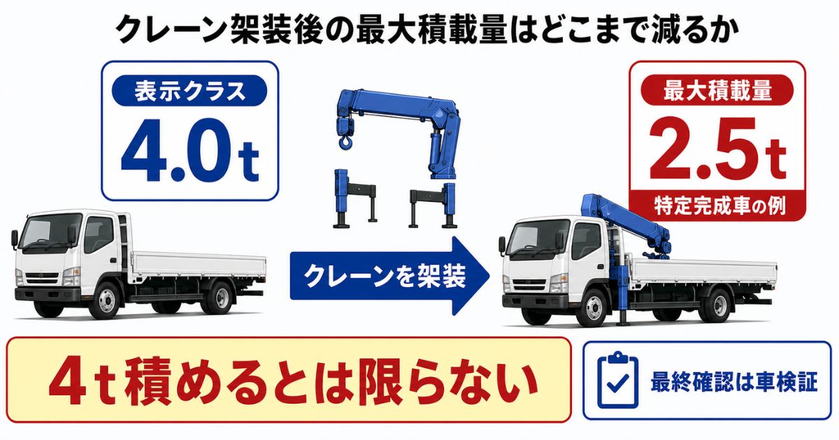 4.0tの表示クラスでもクレーン架装後の最大積載量が2.5tとなる特定完成車例を示す数値比較
