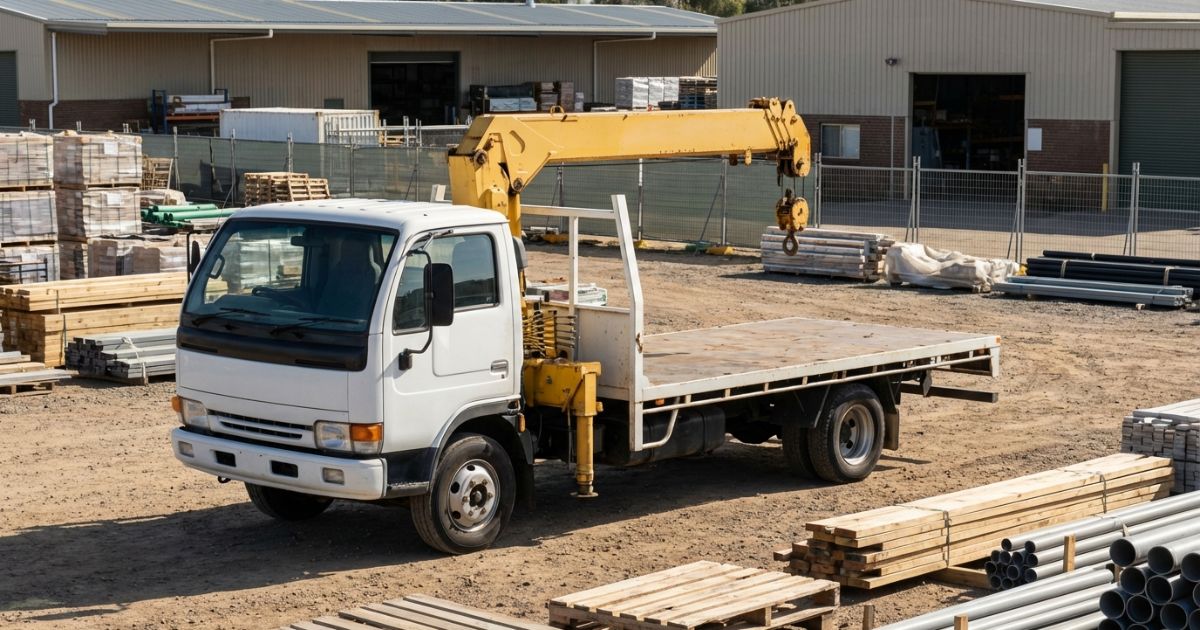 日野のクレーン付きトラック（ユニック車）を現場で使うイメージの写真