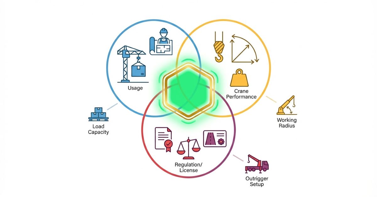 日野ユニックの導入判断は「用途×クレーン性能×法規」の3要素で決まることを示す図解