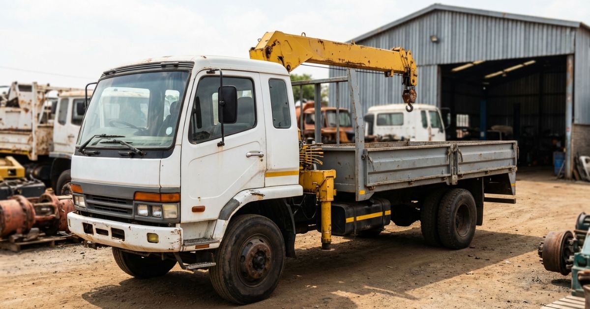 中古の日野系ユニック4t・増トンを現車確認するヤードの写真イメージ