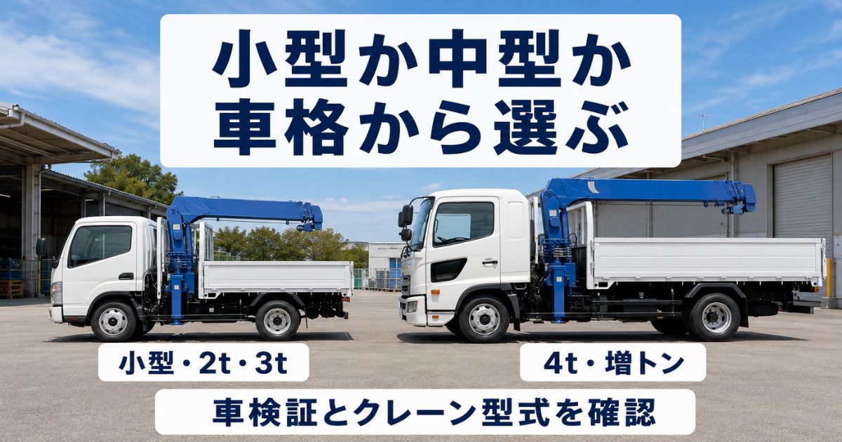小型・2t・3tクラスと4t・増トン・中型クラスのクレーン付きトラックを車格で比較した構成