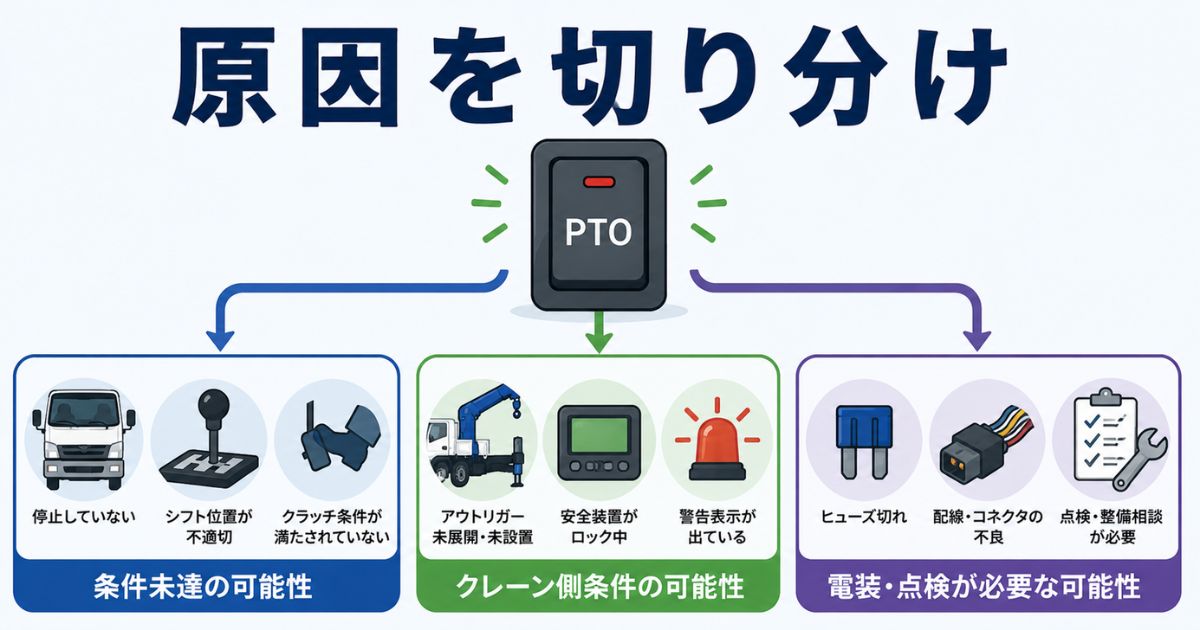 PTOスイッチが入らない原因を条件未達や安全装置などで切り分ける図解