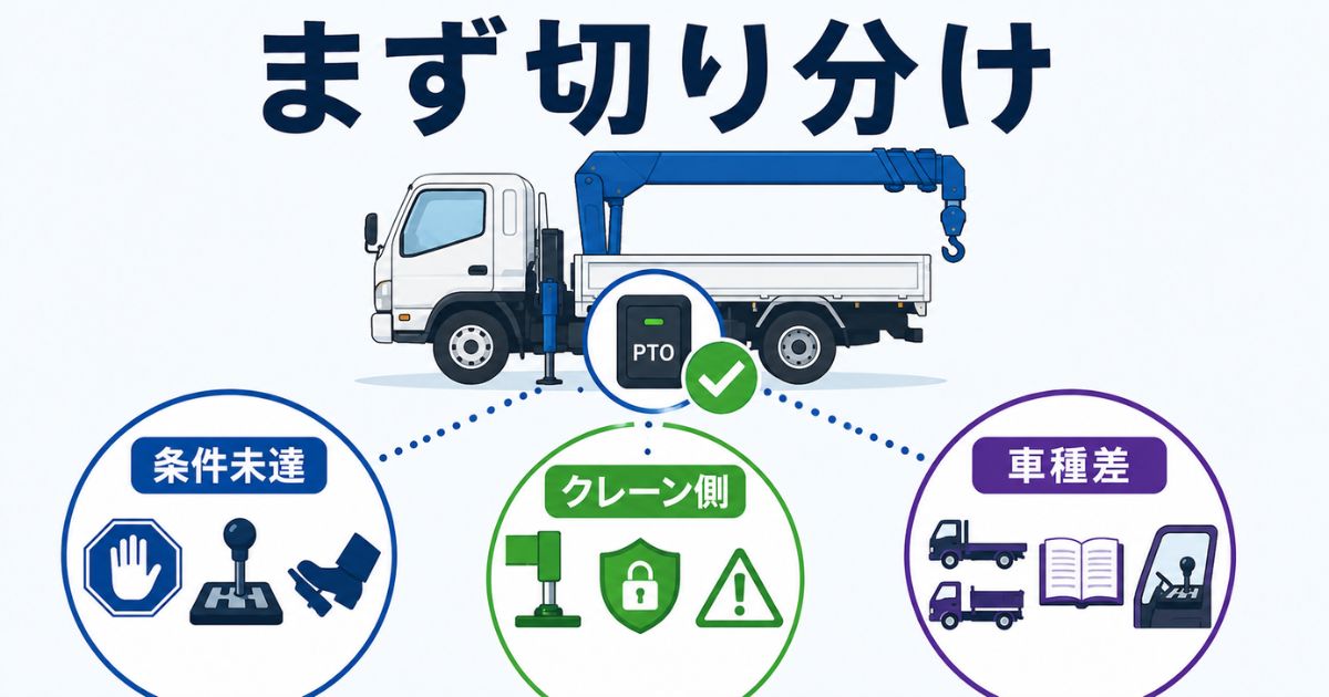 日野ユニックのPTOが入らないときに条件未達、クレーン側条件、車種差の3方向で切り分ける要点図解