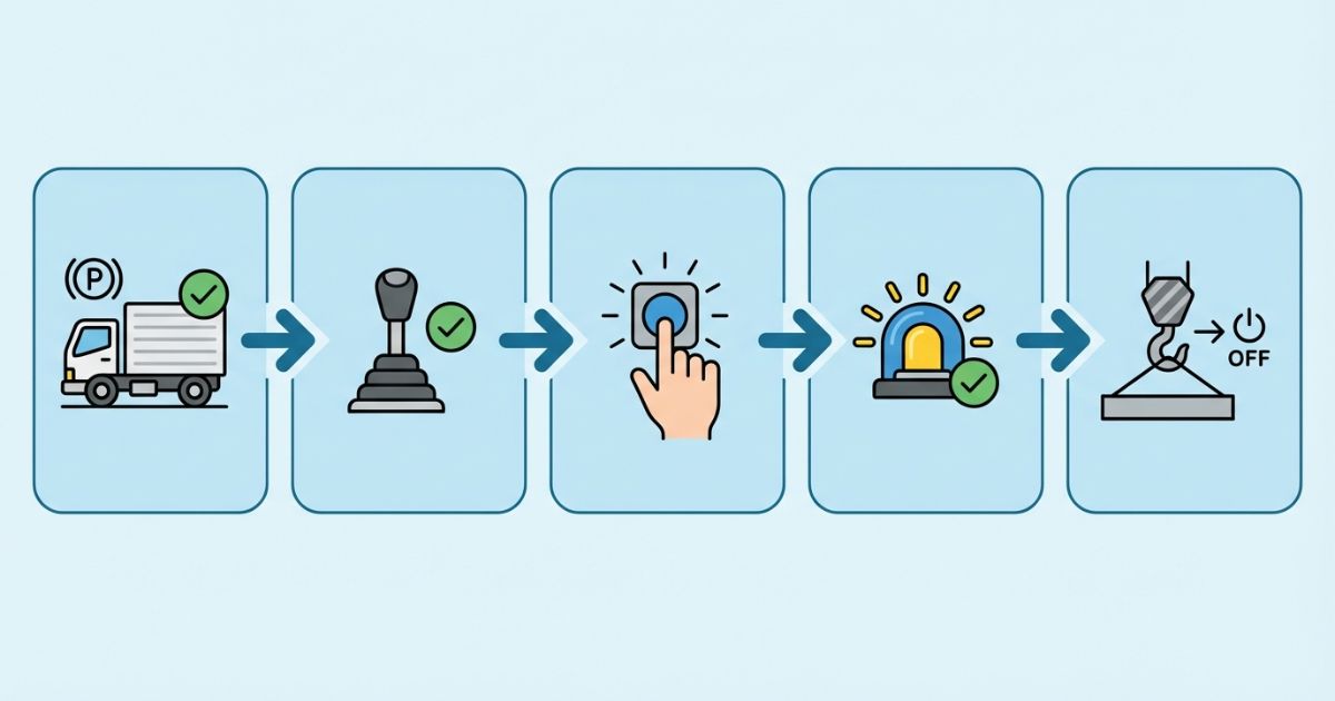 日野ユニックのPTO操作を入れる使う切るの流れで示した図解