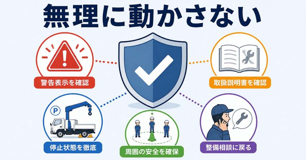 PTO操作で無理に動かさず安全確認へ戻る重要性を示す図解