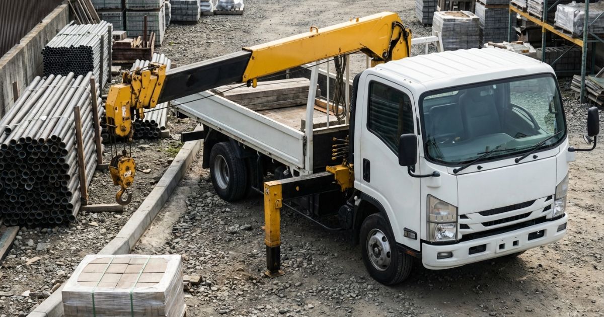 日野系ユニック車が吊り作業の準備をする現場イメージ写真