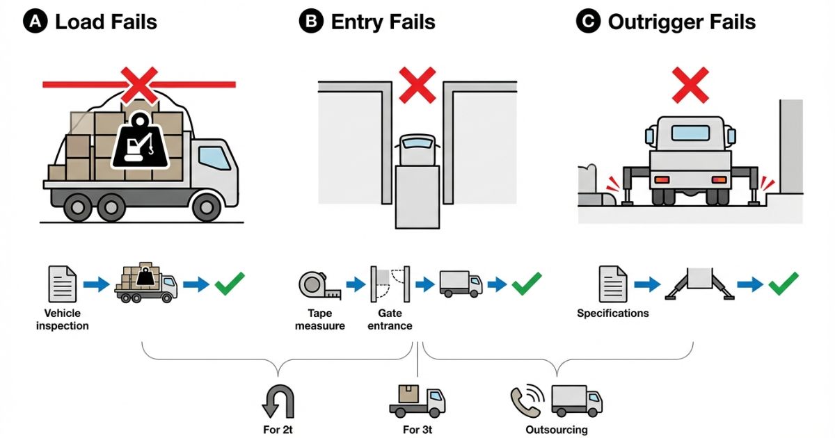 最大能力の過信と条件読み落としと実重量不足の失敗回避図解