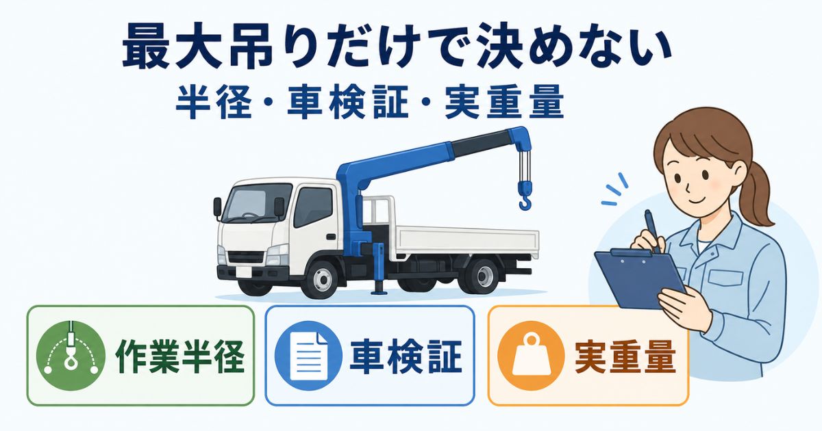 日野ユニックの性能表は最大吊り能力だけでなく作業半径と車検証と実重量を確認することを示す図解