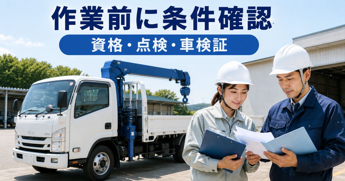 日野ユニックの作業前に資格と点検記録と車検証を確認しているリアルな写真風画像